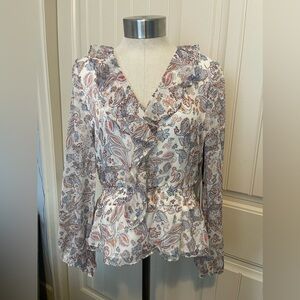1. State Gray and Pink Ruffled Peplum Blouse